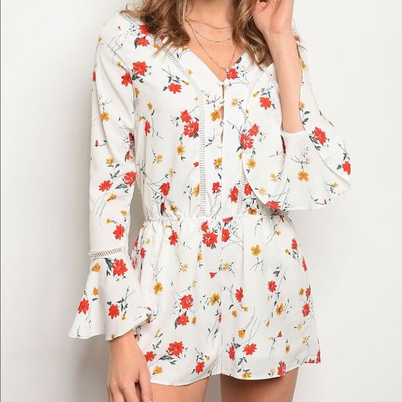 Floral Romper Bell Sleeve White Smock Waist - Picture 1 of 4